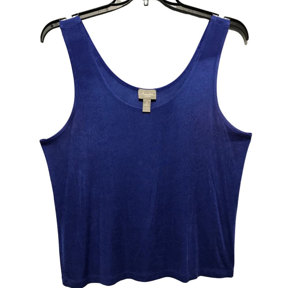 Chicos Travelers Size 3 US XL Blue Slinky Knit Tank Top Sleeveless Shell Scoop